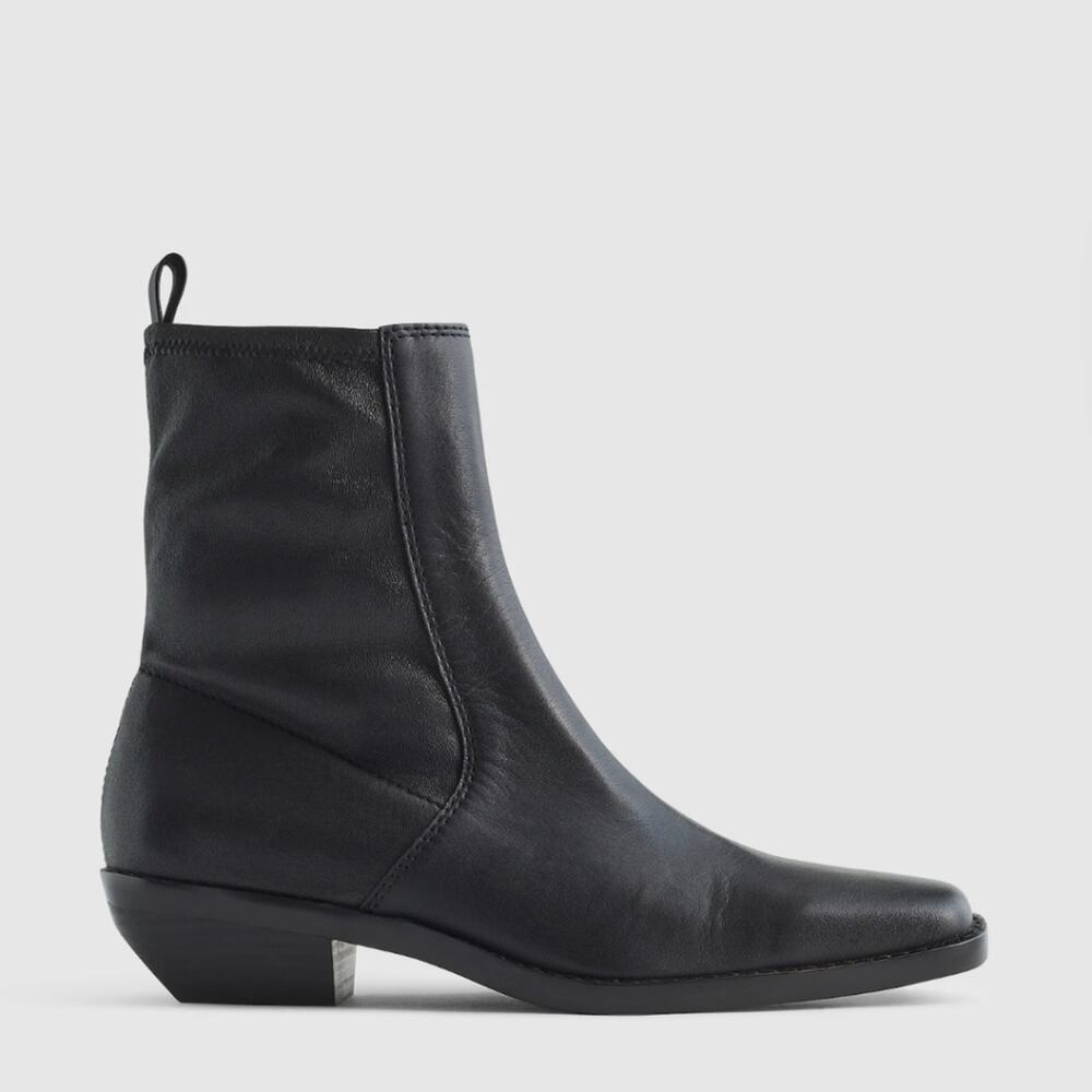 Madewell Idris True Black Leather Ankle Booties Stretchy Panel Block Heel Size 8